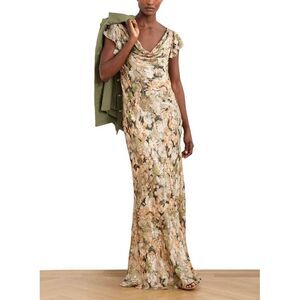 Lauren Ralph Lauren Womens Floral Metallic Jacquard Cowlneck Gown 4 Green Multi